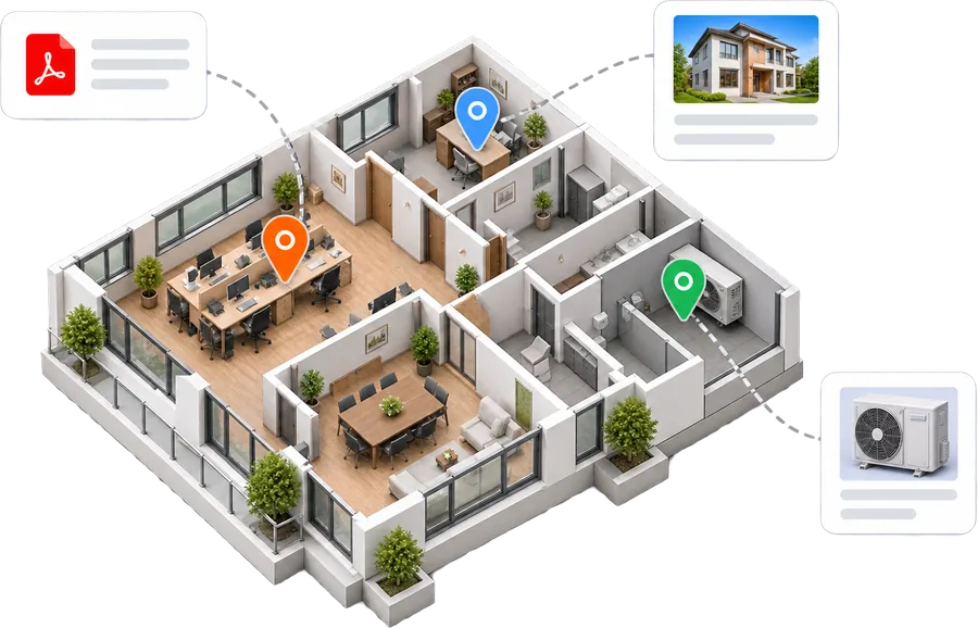 Maquette 3D d’un plateau de bureaux avec des repères reliés à un plan PDF, une photo et la fiche d’un climatiseur