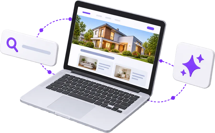 Ordinateur portable affichant un site d’entreprise refait, relié à une recherche et à un assistant IA
