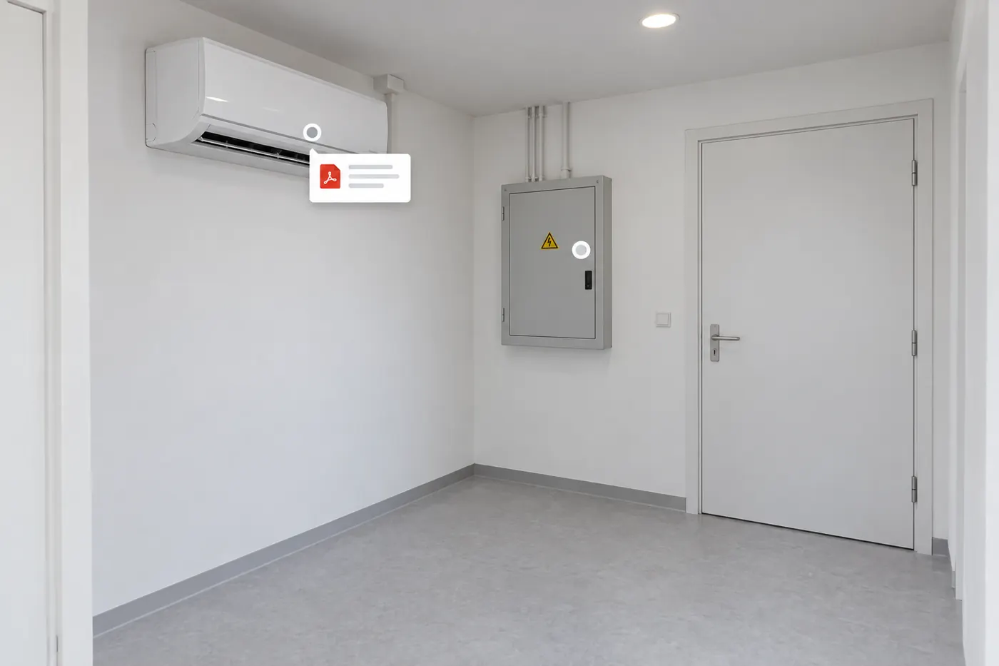Local technique dans une visite 3D : un repère posé sur la climatisation ouvre sa notice en PDF