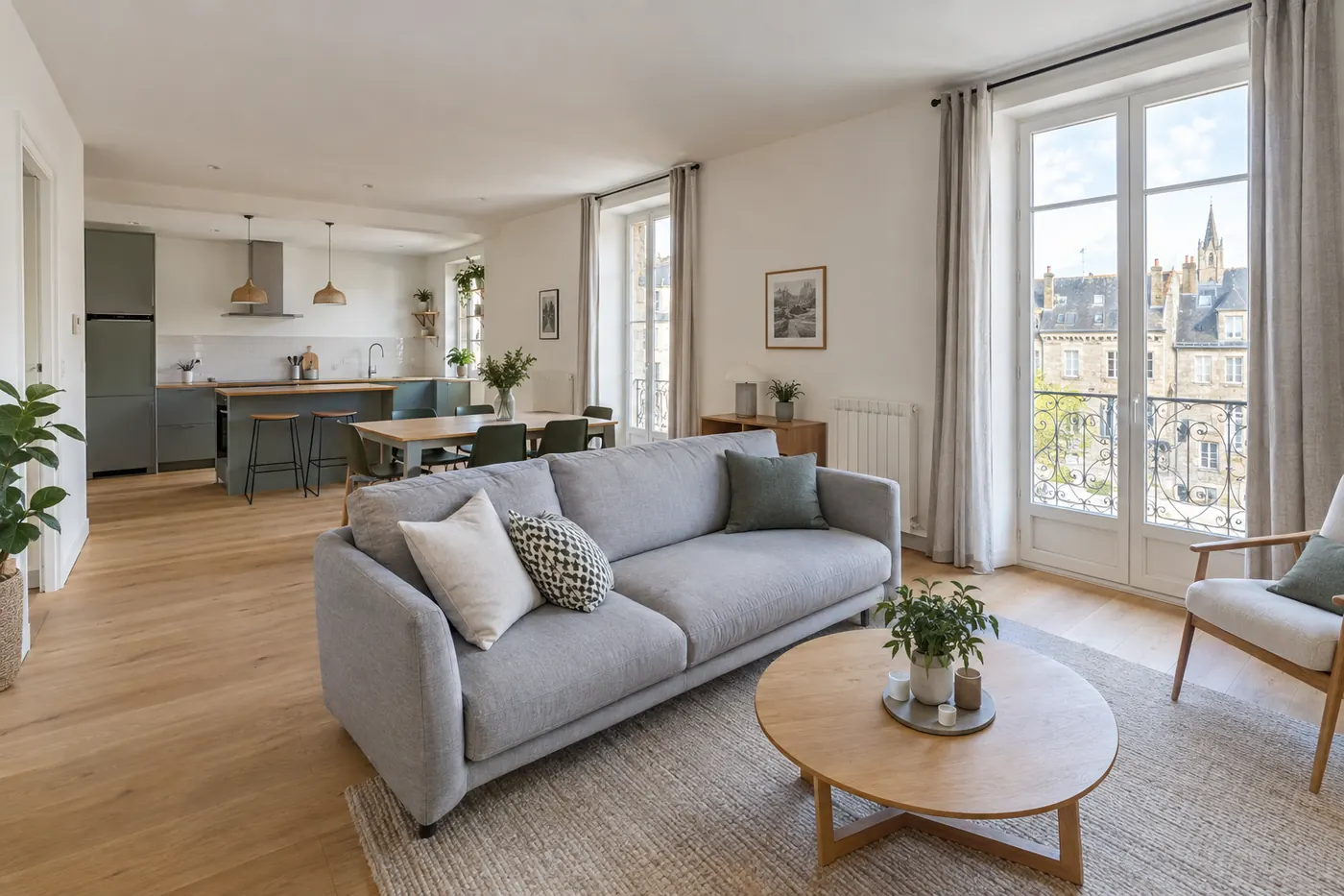 Vue intérieure d’un appartement dans une visite 3D, avec une mesure de fenêtre affichée